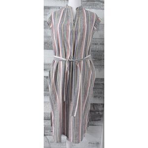Jones New York Day Dress Striped Linen Blend Belted Retro Midi Size 8 Beach Boho